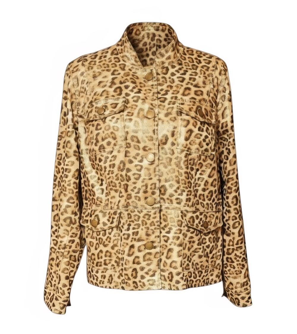 Chicos Leopard Print Jacket Size 2 (Large 12) Jacket Metallic Gold Buttons NEW